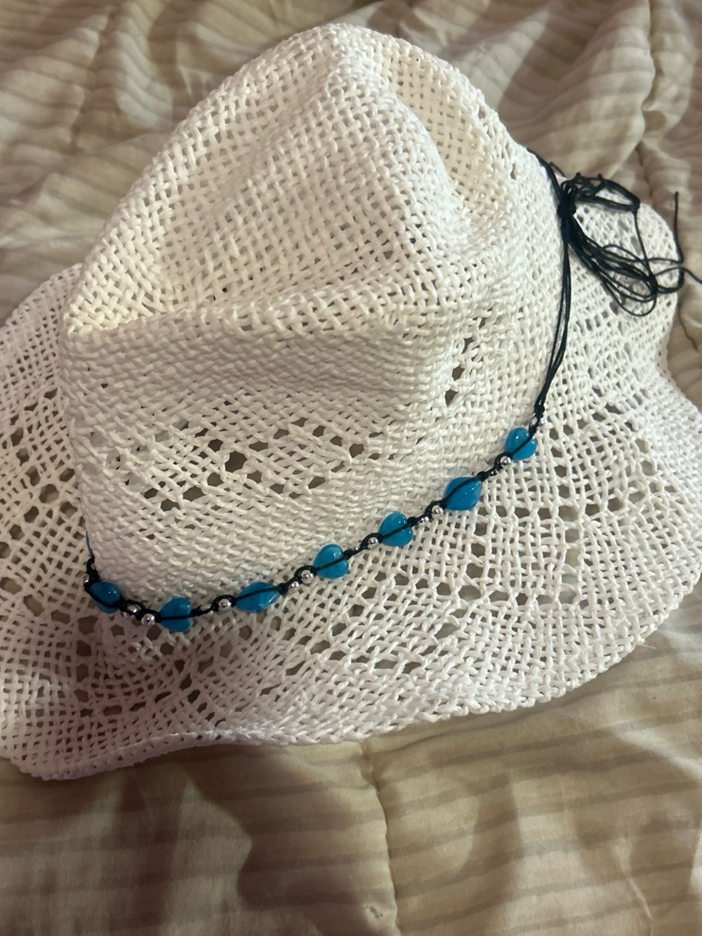 Fashion Nova White Straw Hat with Turquoise Bead Trim